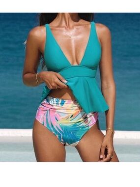 CUPSHE Dreamland Tropical High Waisted Tankini Two Piece Set Swimwear NWT Sz XS